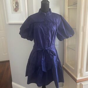 Fate Navy Blue Poplin Puff Sleeve Mini Dress